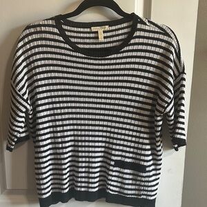 Eileen Fisher lightweight black white striped short sleeve sweater. Size PP.
